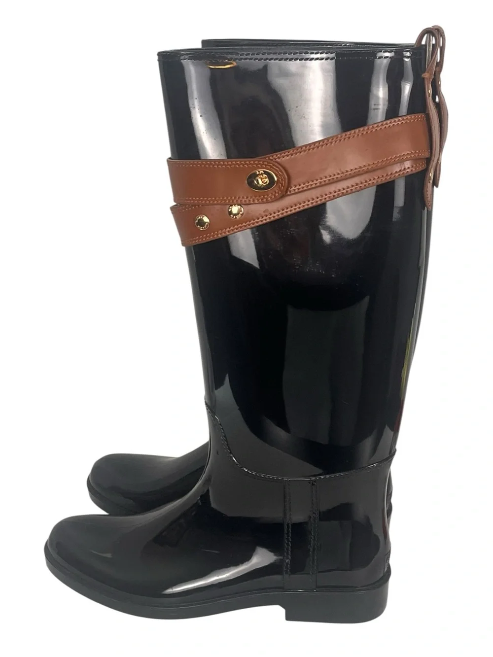 Coach Talia Knee High Rain Boots Size 10 Glossy Black Tall Town Country Preppy